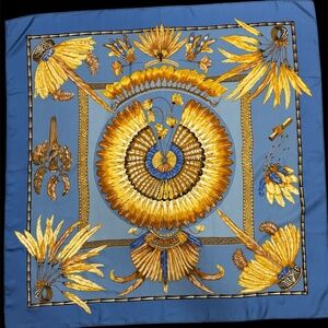 Hermés Brazil Carré 90cm Silk Scarf, Blue & Gold-New/Rare
